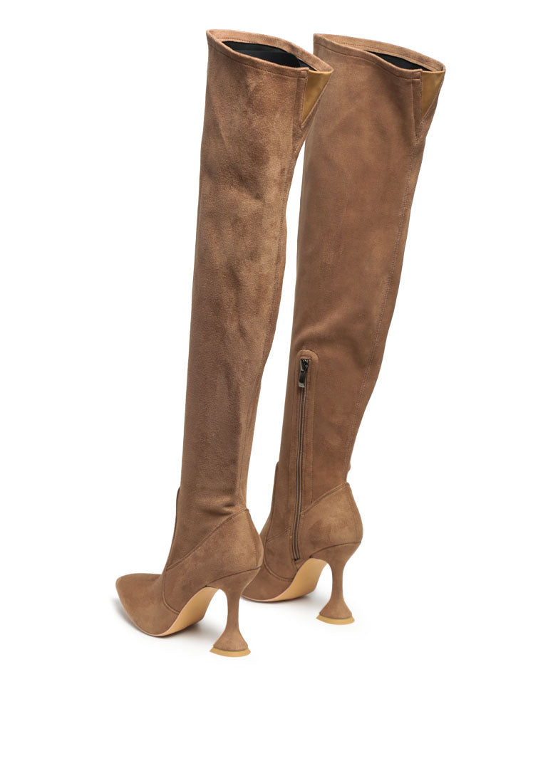 Brandy Faux Suede Over The Knee High Heeled Boots showcasing elegant spool heels and quilted panels.