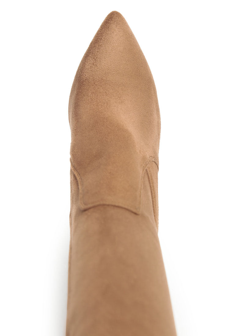 Brandy Faux Suede Over The Knee High Heeled Boots showcasing elegant spool heels and quilted panels.