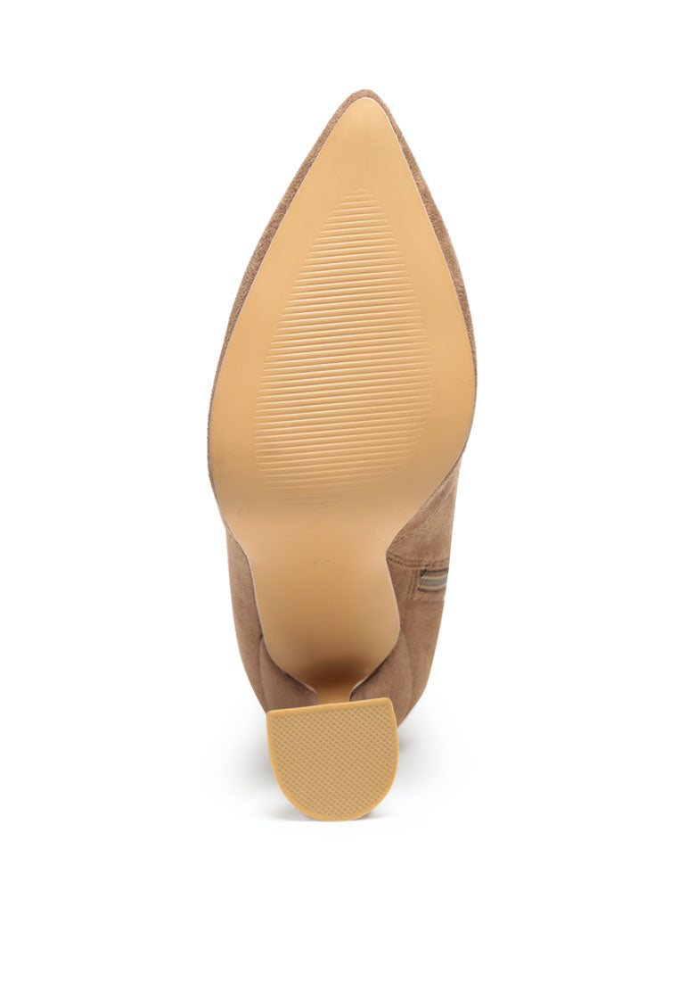 Brandy Faux Suede Over The Knee High Heeled Boots showcasing elegant spool heels and quilted panels.