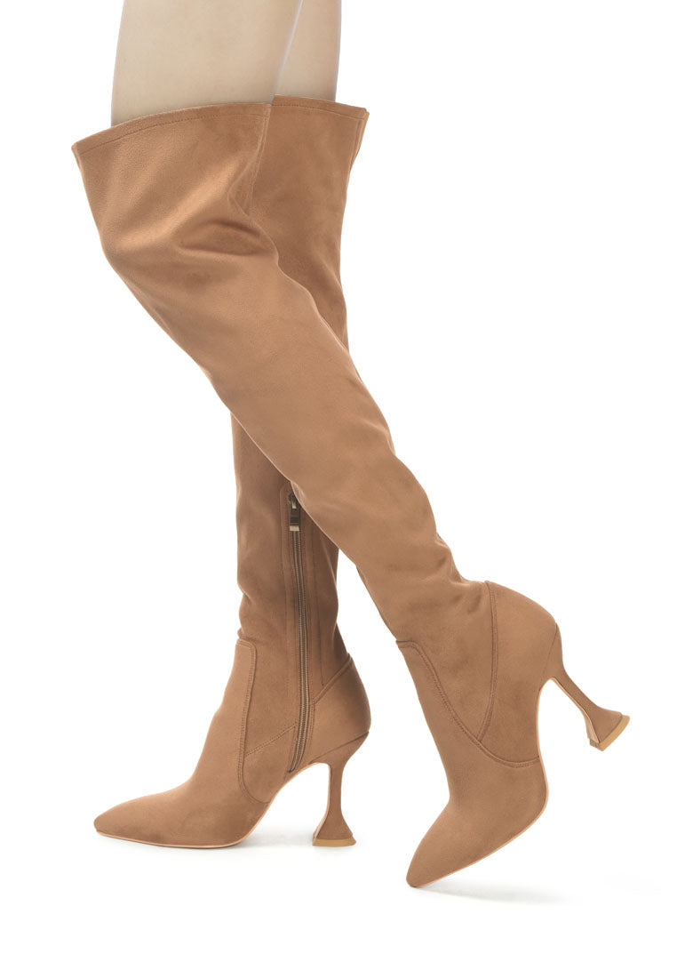 Brandy Faux Suede Over The Knee High Heeled Boots showcasing elegant spool heels and quilted panels.