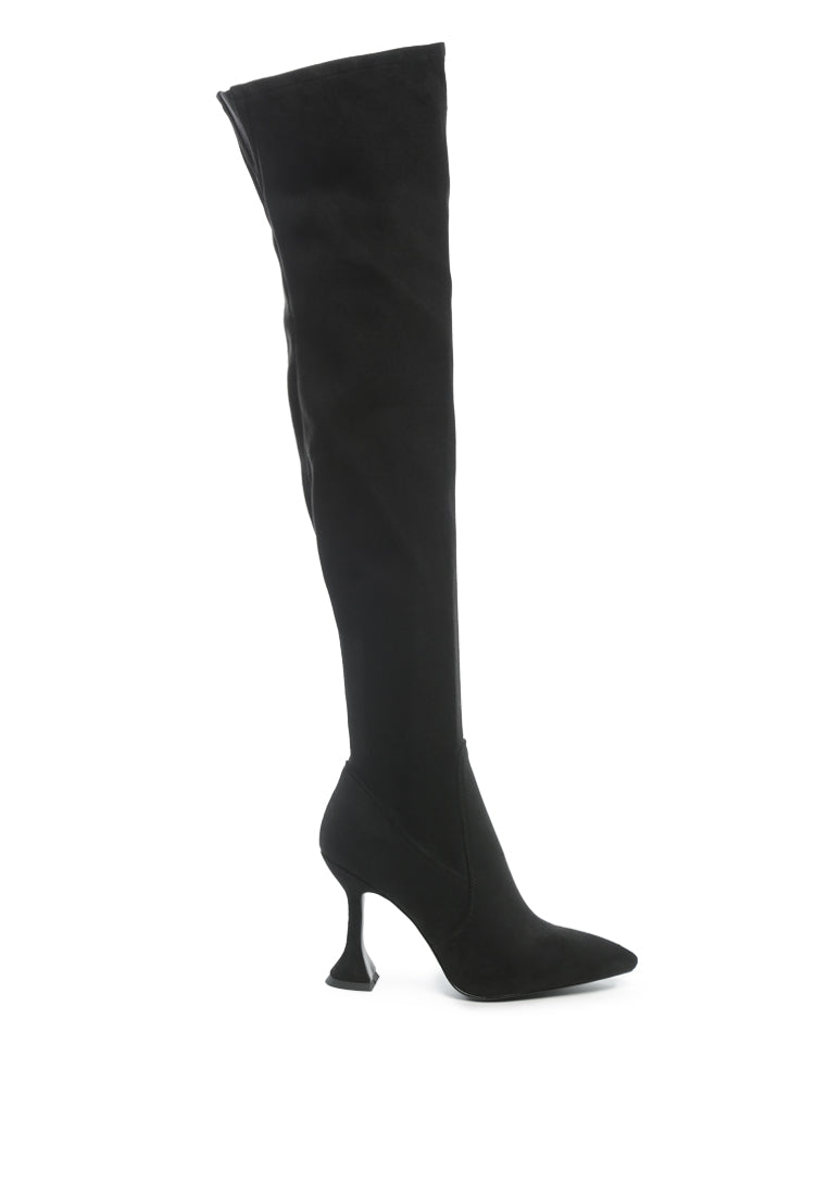 Brandy Faux Suede Over The Knee High Heeled Boots showcasing elegant spool heels and quilted panels.