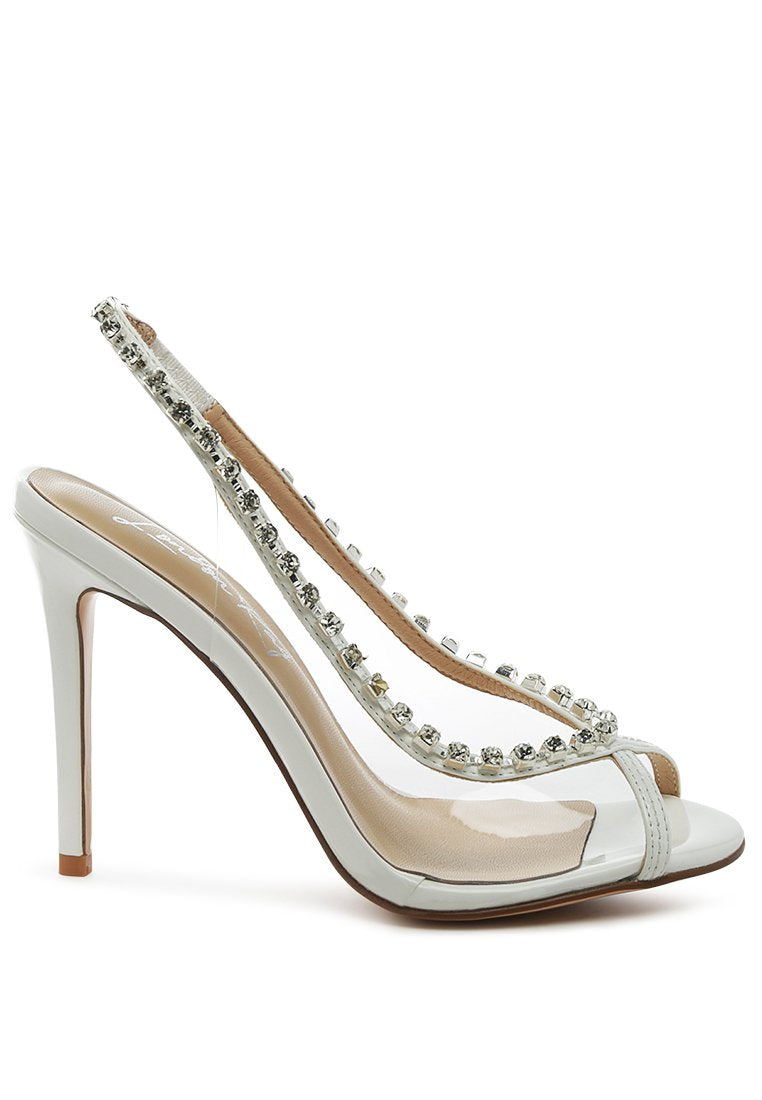 Camarine Clear Diamante Slingback High Heeled Sandals featuring jeweled design and peep toe style.