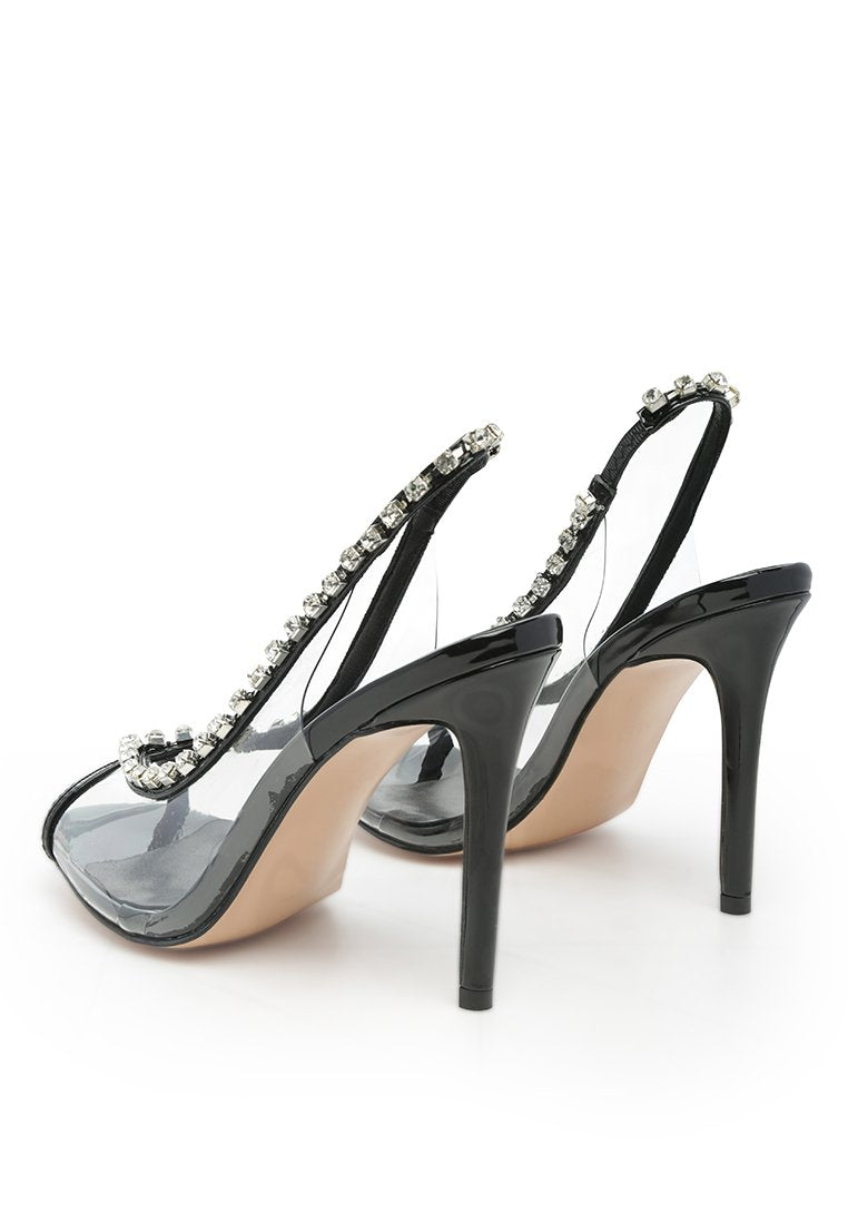 Camarine Clear Diamante Slingback High Heeled Sandals featuring jeweled design and peep toe style.