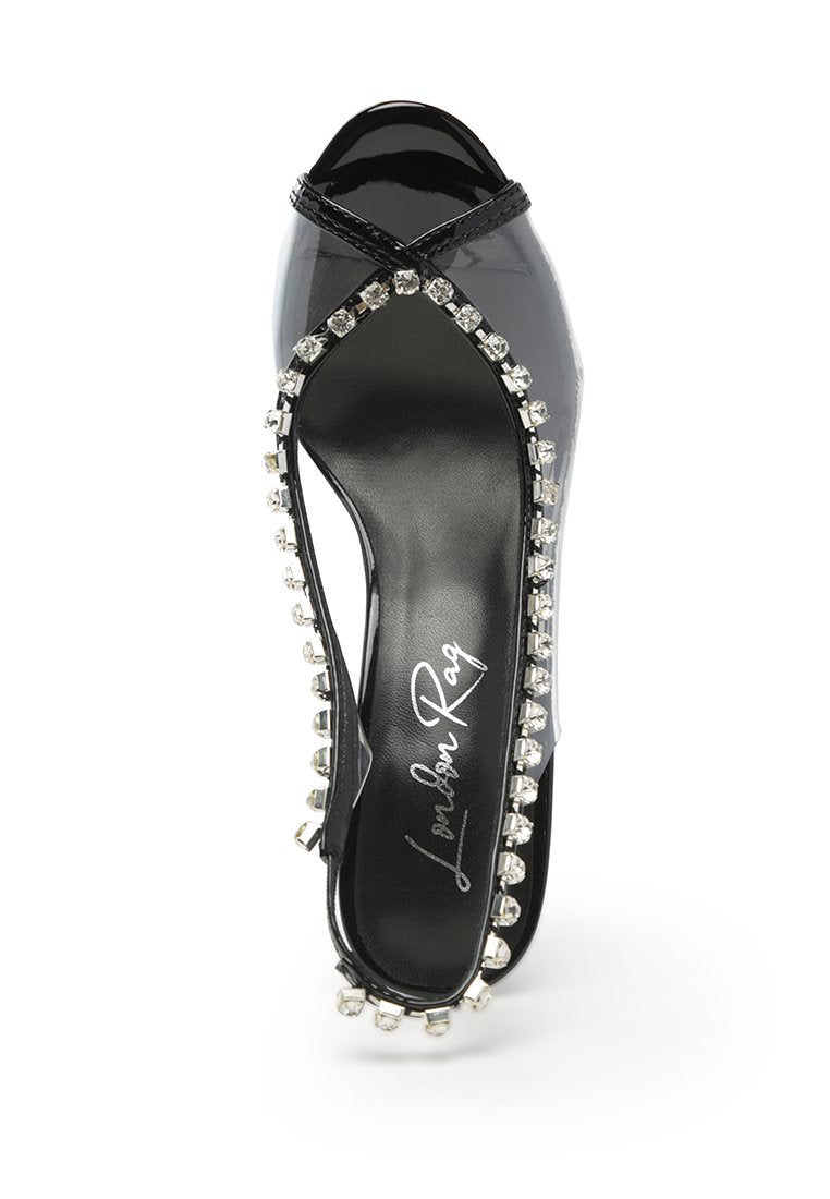 Camarine Clear Diamante Slingback High Heeled Sandals featuring jeweled design and peep toe style.