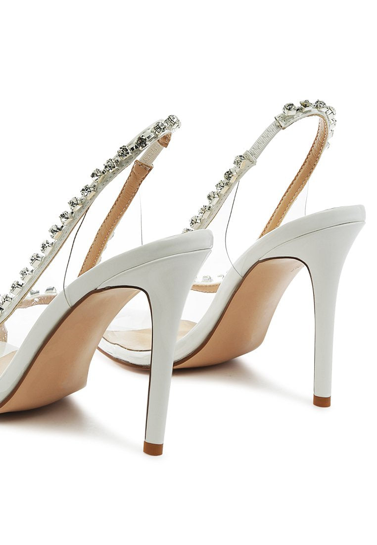 Camarine Clear Diamante Slingback High Heeled Sandals featuring jeweled design and peep toe style.