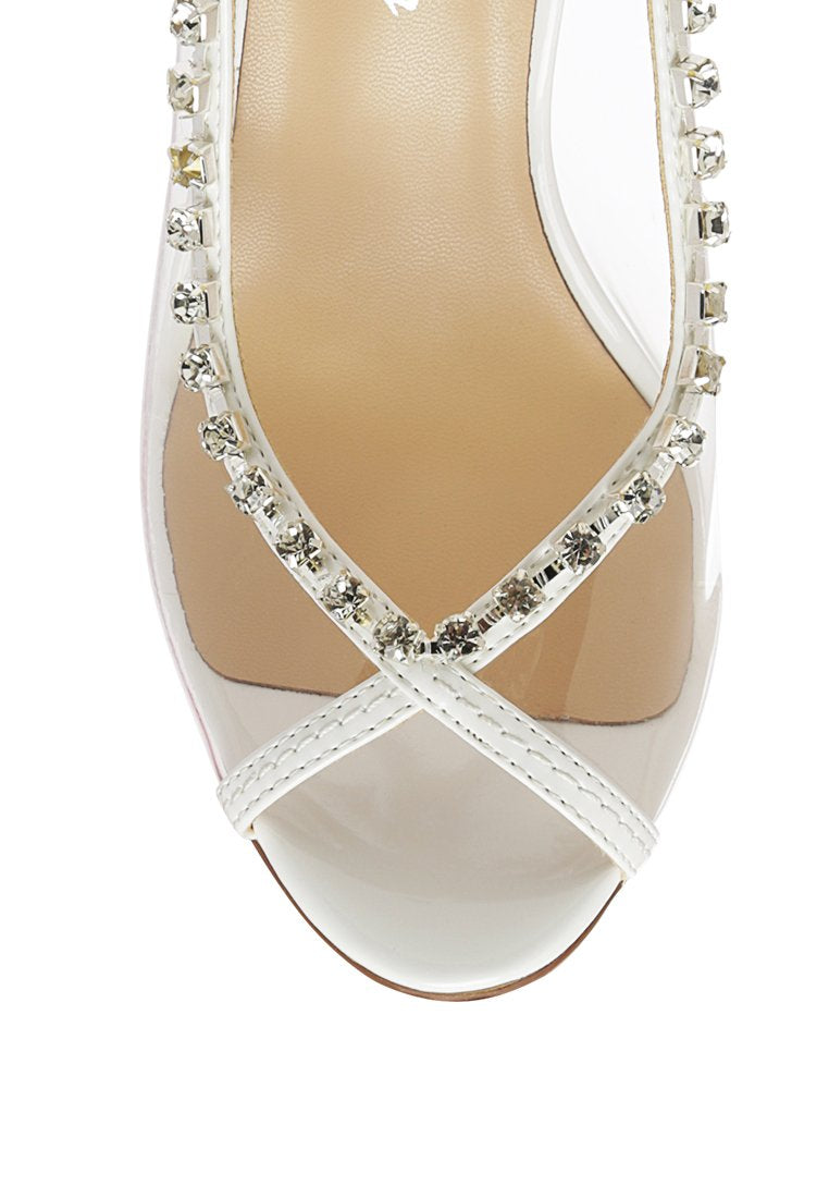 Camarine Clear Diamante Slingback High Heeled Sandals featuring jeweled design and peep toe style.