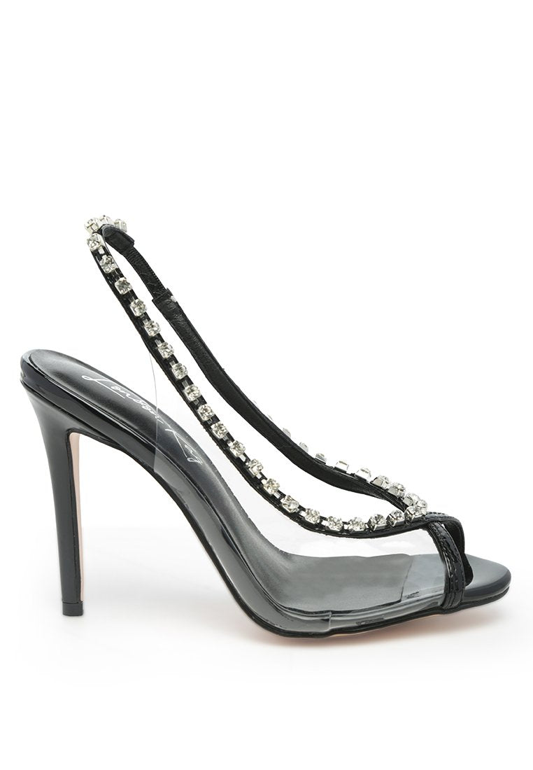 Camarine Clear Diamante Slingback High Heeled Sandals featuring jeweled design and peep toe style.