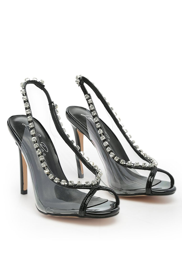Camarine Clear Diamante Slingback High Heeled Sandals featuring jeweled design and peep toe style.