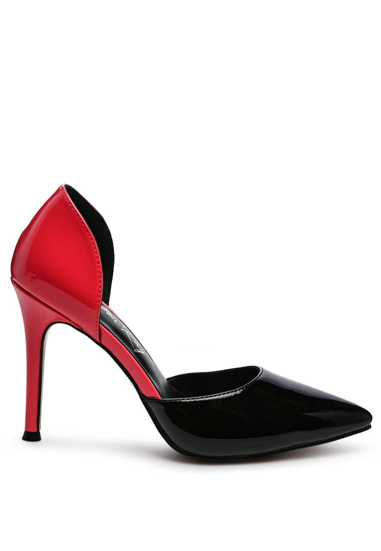 Candy Cane Patent Faux Leather High Heel Pumps in color-blocked design, showcasing a glossy finish and pointed toe.