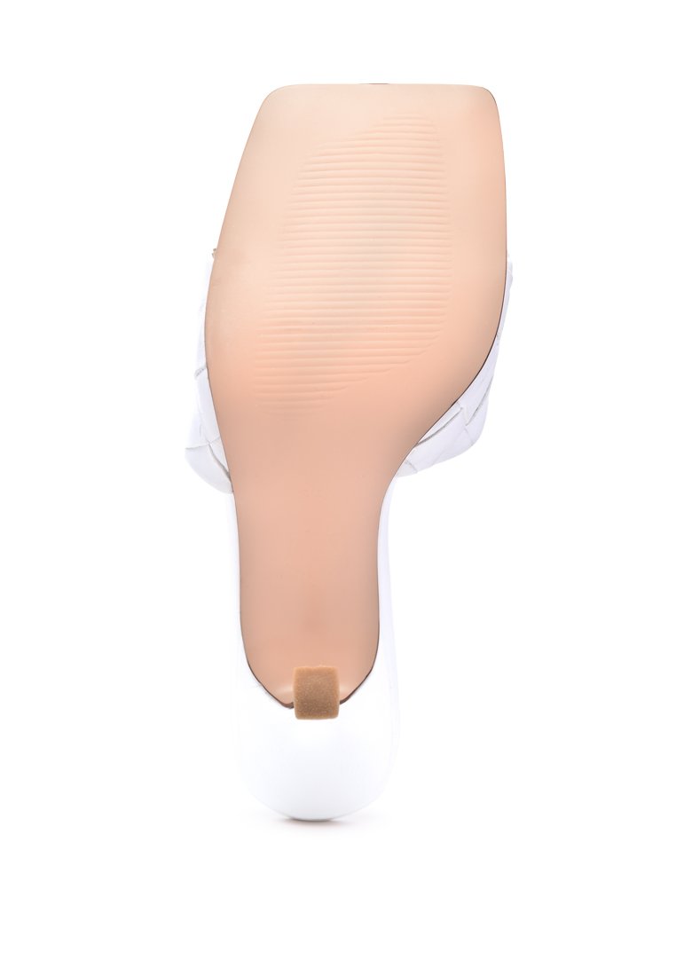 Carmen Woven Strap Mid Heel Sandals featuring a square toe and elegant woven design in three color options.