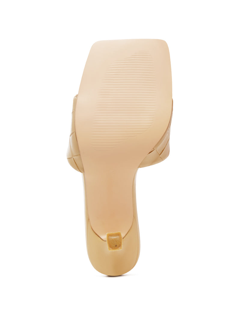 Carmen Woven Strap Mid Heel Sandals featuring a square toe and elegant woven design in three color options.