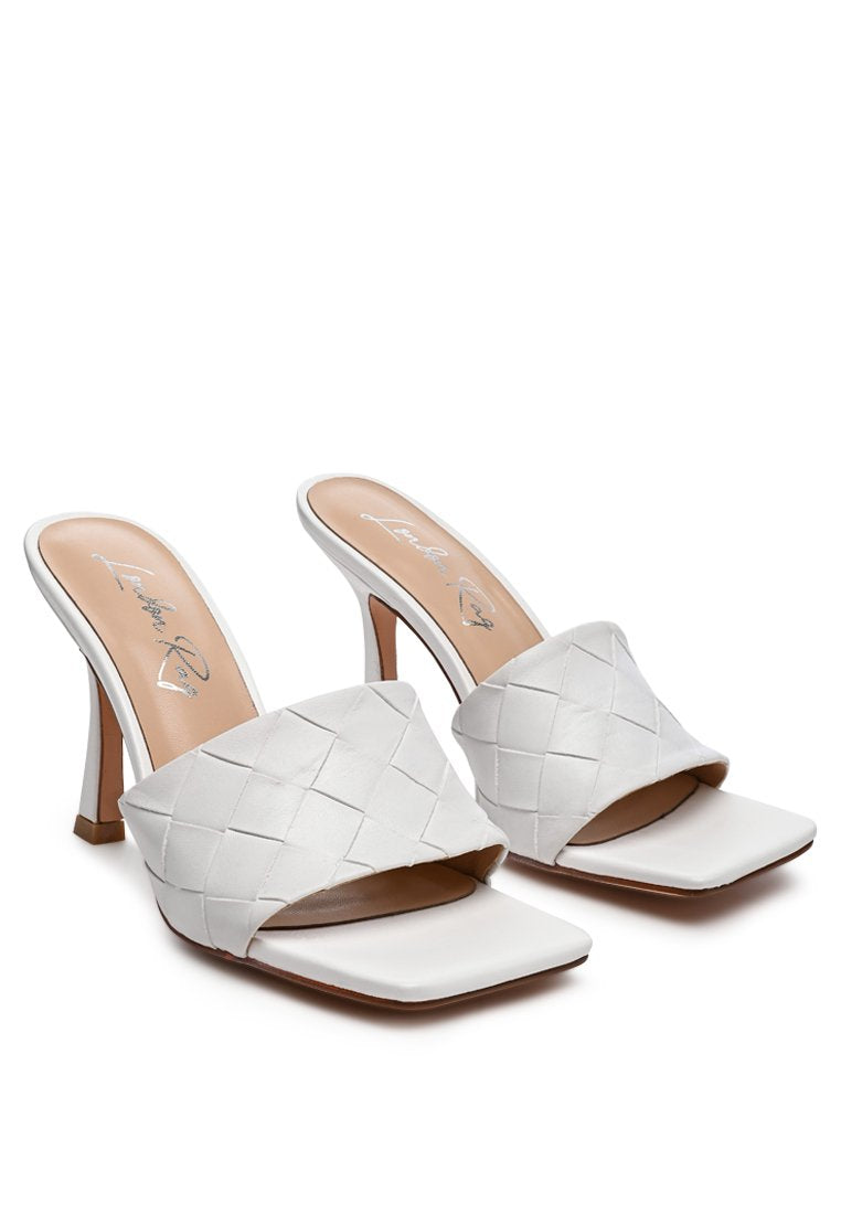 Carmen Woven Strap Mid Heel Sandals featuring a square toe and elegant woven design in three color options.