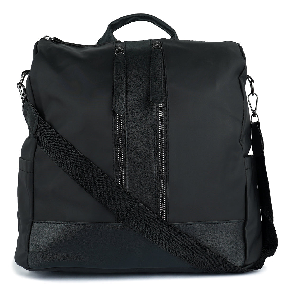 Carry All Small Backpack in synthetic material with multiple compartments and detachable shoulder strap.