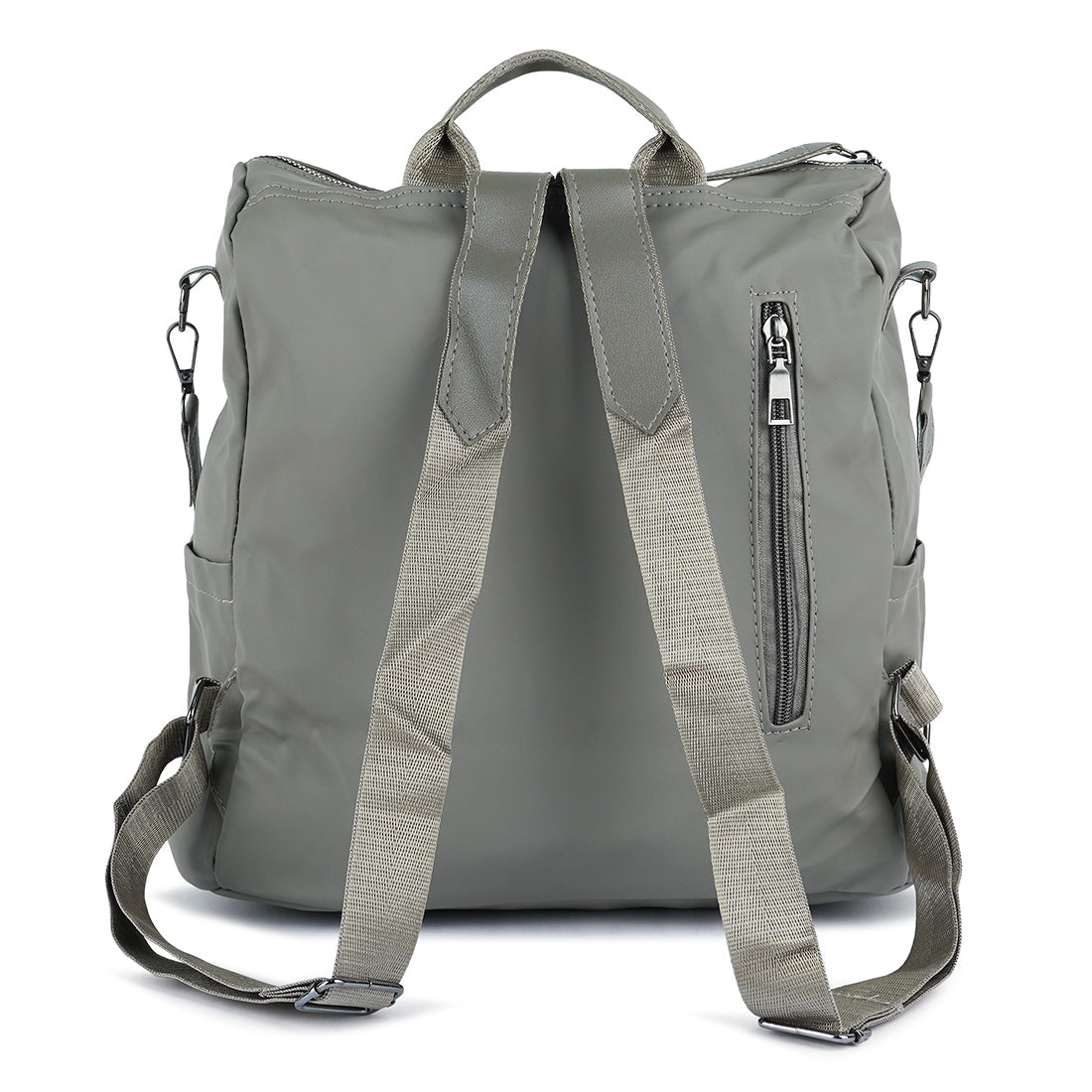 Carry All Small Backpack in synthetic material with multiple compartments and detachable shoulder strap.