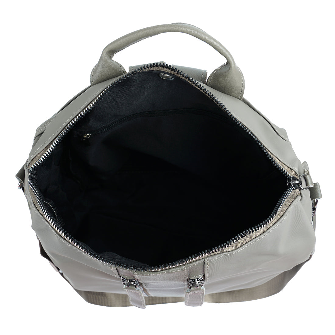 Carry All Small Backpack in synthetic material with multiple compartments and detachable shoulder strap.