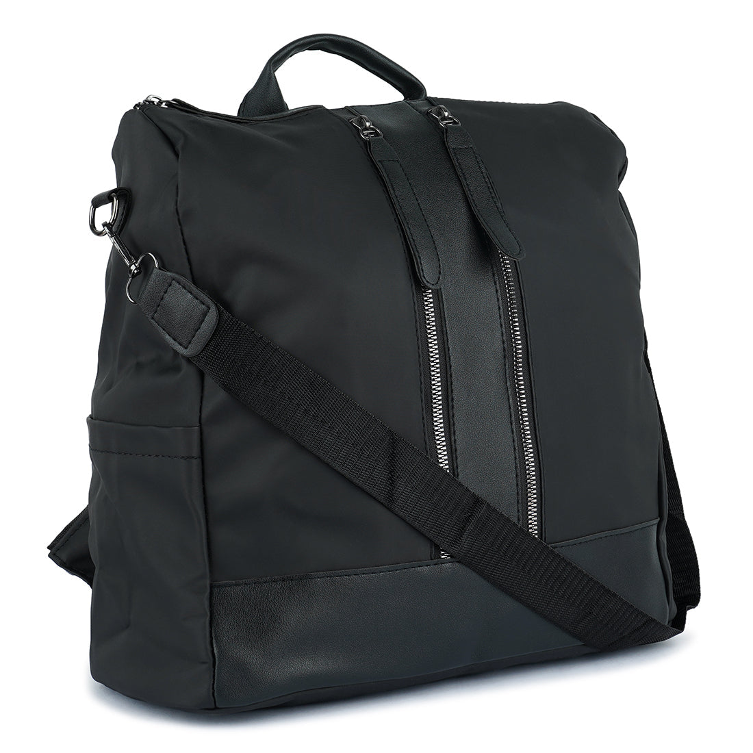 Carry All Small Backpack in synthetic material with multiple compartments and detachable shoulder strap.