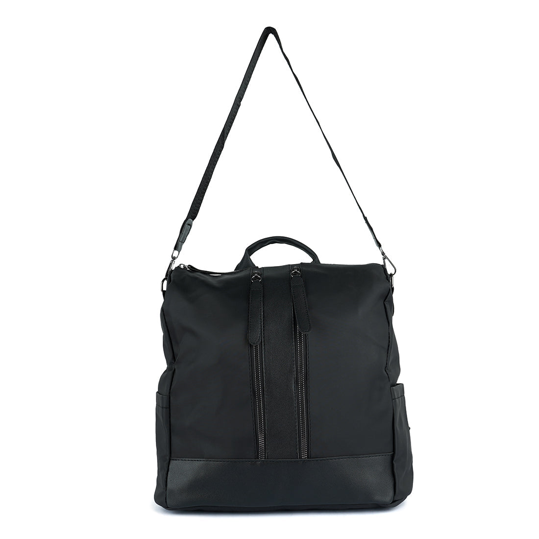 Carry All Small Backpack in synthetic material with multiple compartments and detachable shoulder strap.