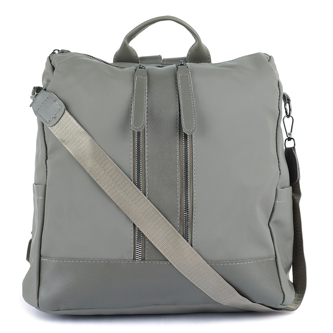 Carry All Small Backpack in synthetic material with multiple compartments and detachable shoulder strap.