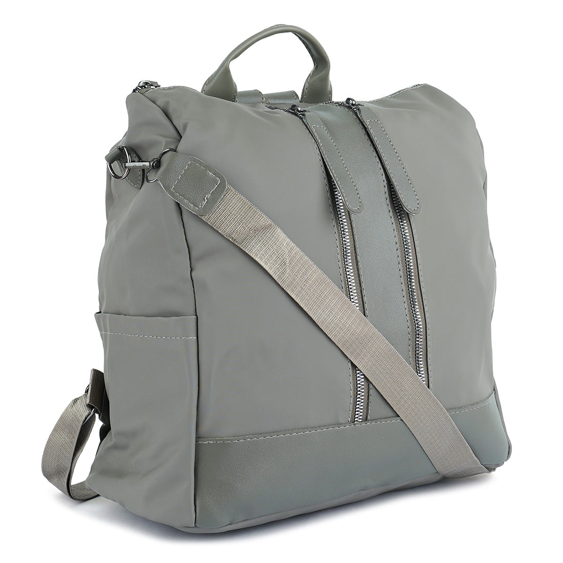 Carry All Small Backpack in synthetic material with multiple compartments and detachable shoulder strap.