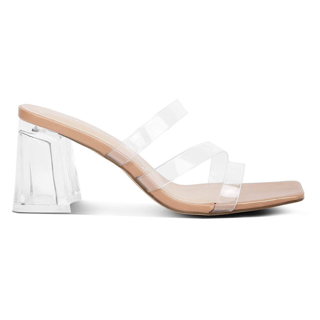 Chartz Multiple Straps Clear Heel Sandals featuring clear straps, transparent heels, and a metallic base, perfect for casual outings.