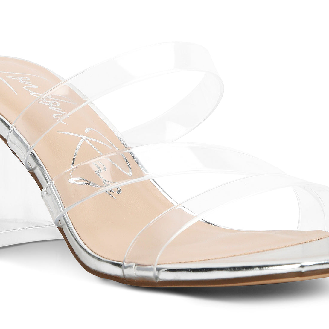 Chartz Multiple Straps Clear Heel Sandals featuring clear straps, transparent heels, and a metallic base, perfect for casual outings.