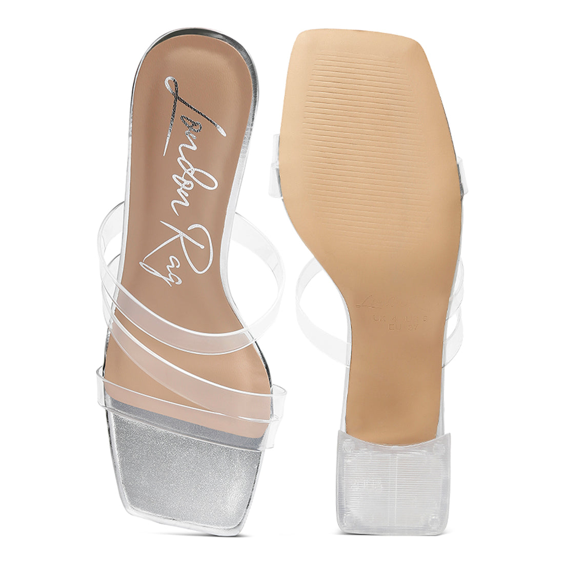Chartz Multiple Straps Clear Heel Sandals featuring clear straps, transparent heels, and a metallic base, perfect for casual outings.