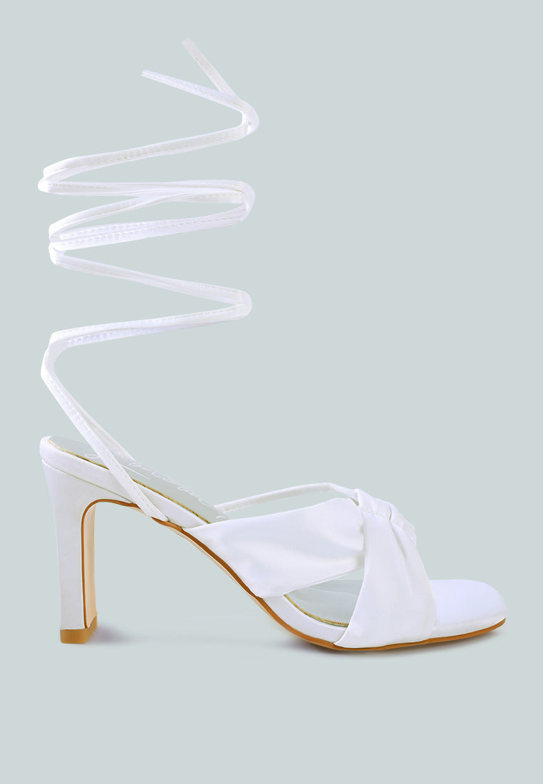 Chasm Satin Ruched Strap Tie Up Sandals featuring delicate satin straps, square toe, and thin block heels, perfect for elegant occasions.