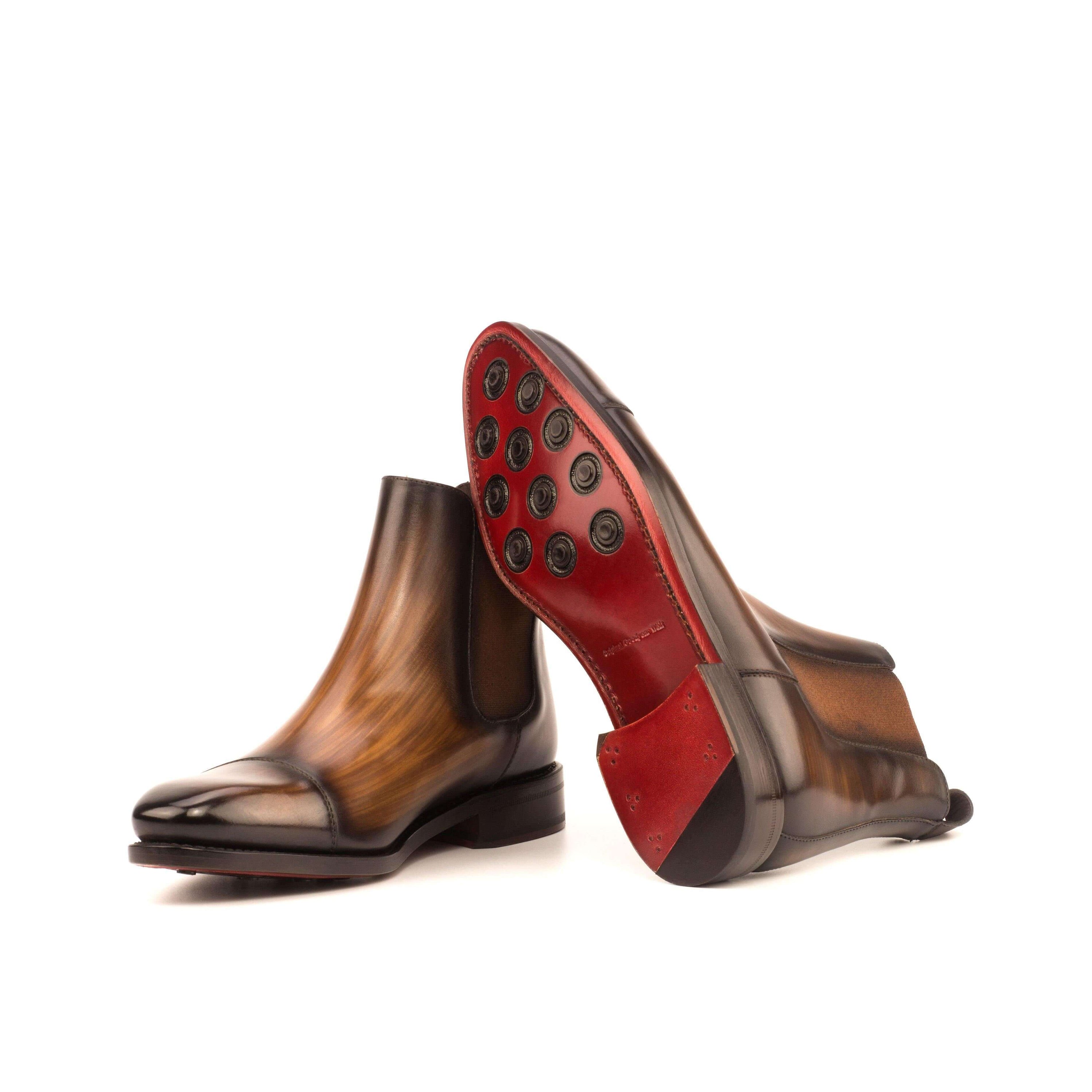 Chayton Patina Chelsea Boots II showcasing brown crust patina leather, elegant design, and dark red Goodyear leather sole.