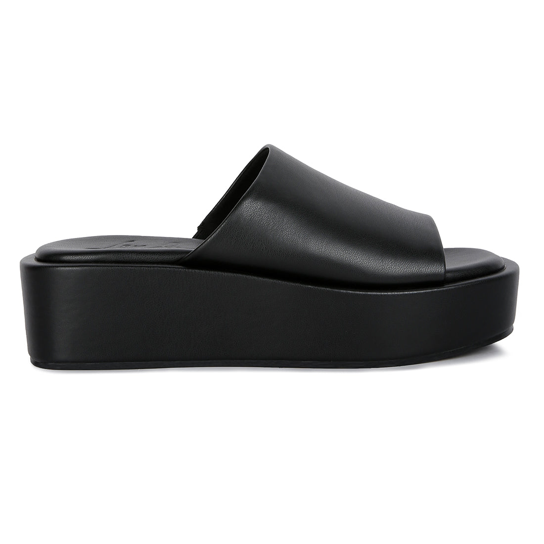 Chomper Black Platform Sliders featuring a thick strap vamp and soft cushion insoles, perfect for casual wear.