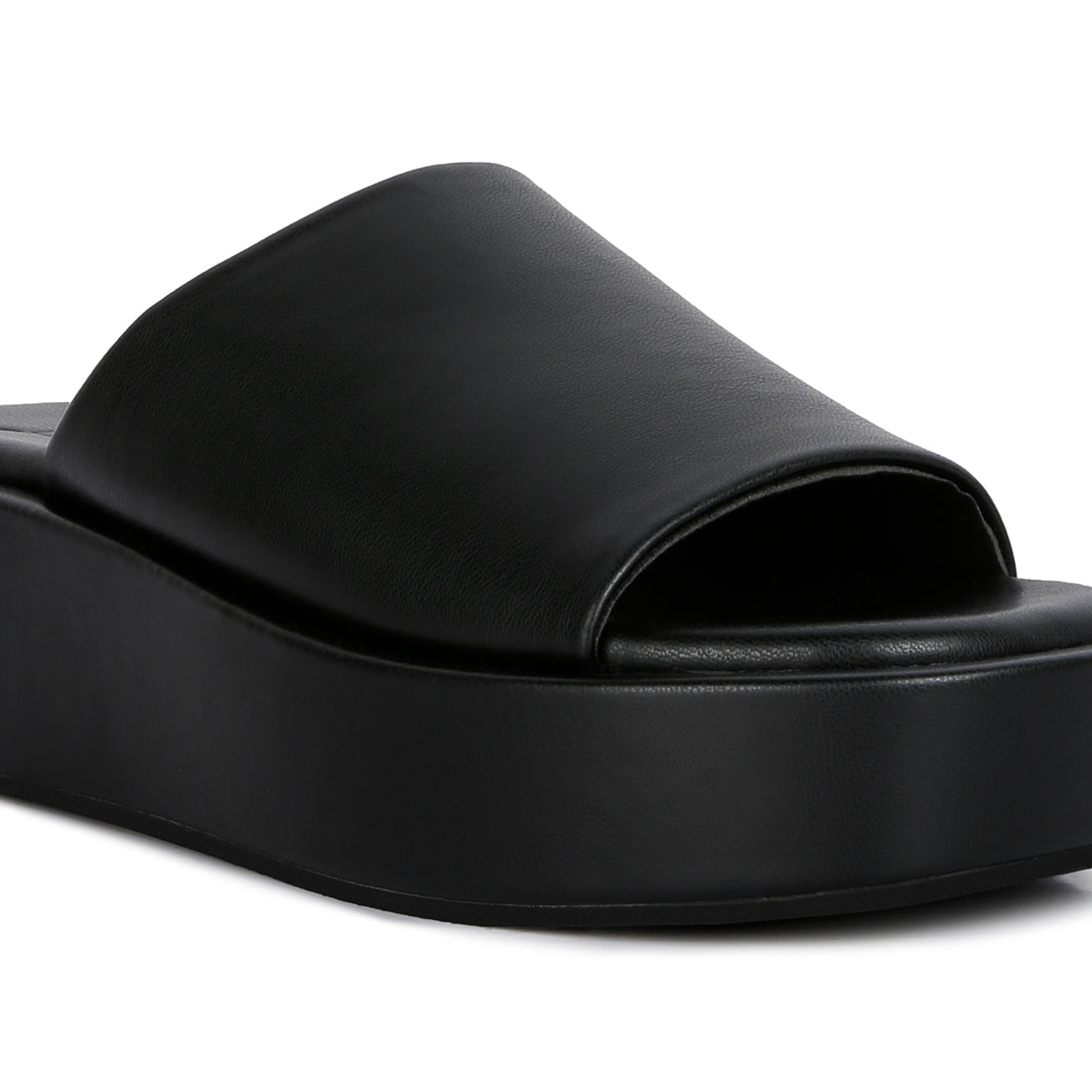 Chomper Black Platform Sliders featuring a thick strap vamp and soft cushion insoles, perfect for casual wear.