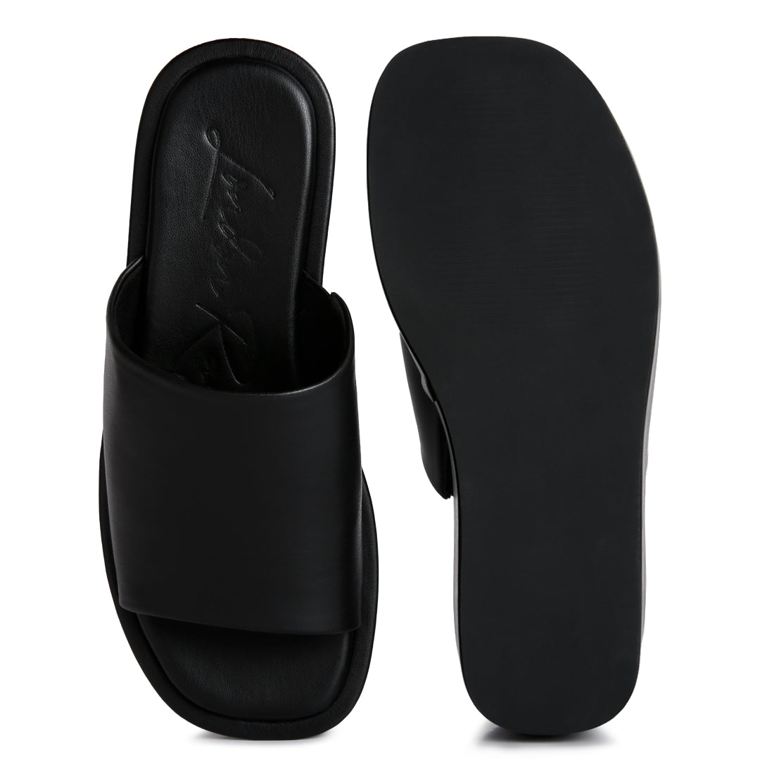 Chomper Black Platform Sliders featuring a thick strap vamp and soft cushion insoles, perfect for casual wear.