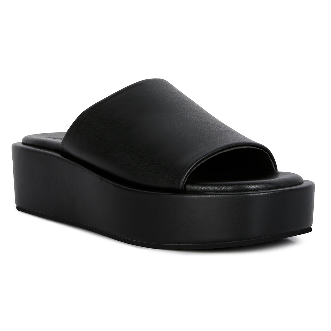 Chomper Black Platform Sliders featuring a thick strap vamp and soft cushion insoles, perfect for casual wear.