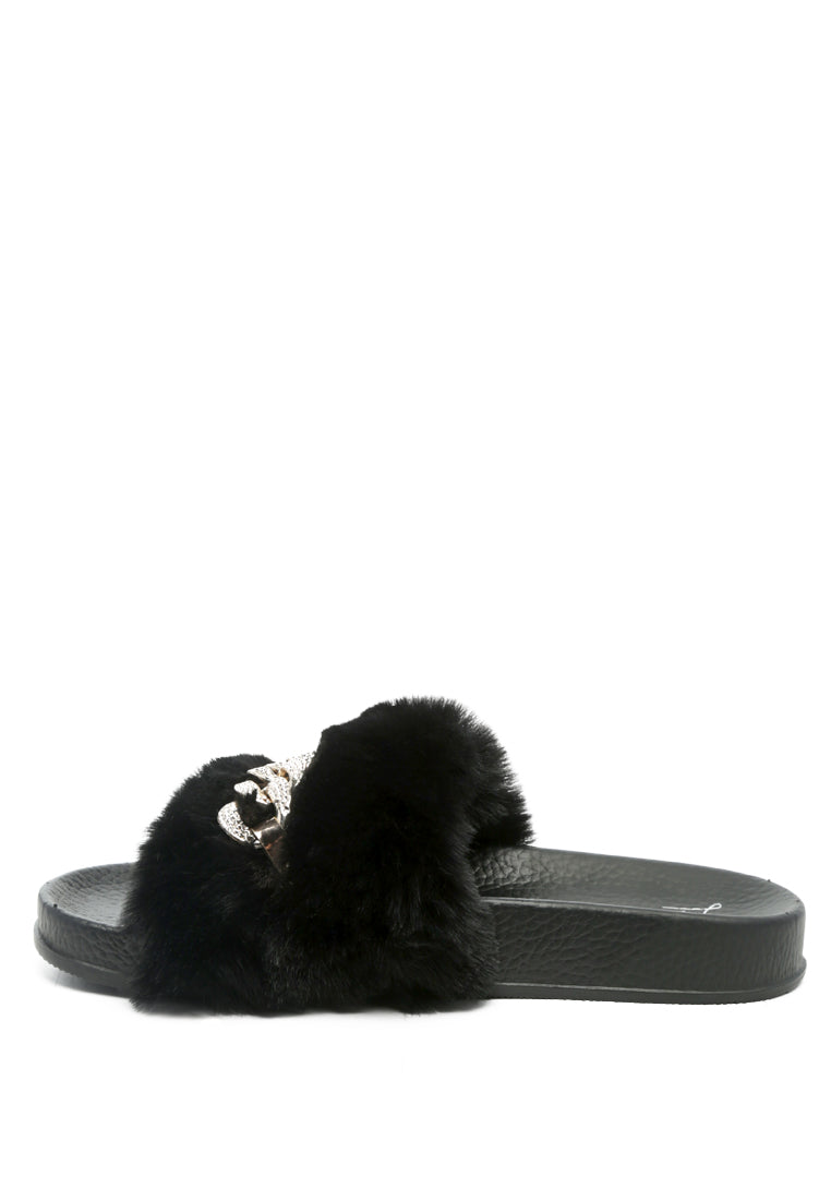 Chums Metal Chain Detail Fur Slides featuring broad fur straps and shiny metal chain detail, suitable for indoor and outdoor wear.