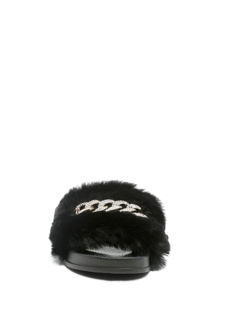 Chums Metal Chain Detail Fur Slides featuring broad fur straps and shiny metal chain detail, suitable for indoor and outdoor wear.