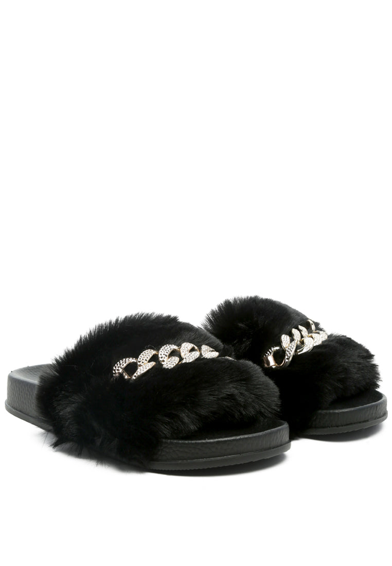 Chums Metal Chain Detail Fur Slides featuring broad fur straps and shiny metal chain detail, suitable for indoor and outdoor wear.