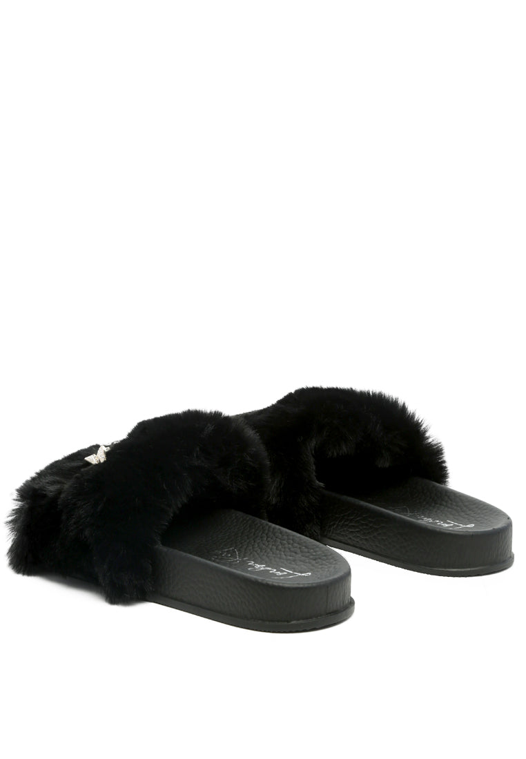 Chums Metal Chain Detail Fur Slides featuring broad fur straps and shiny metal chain detail, suitable for indoor and outdoor wear.