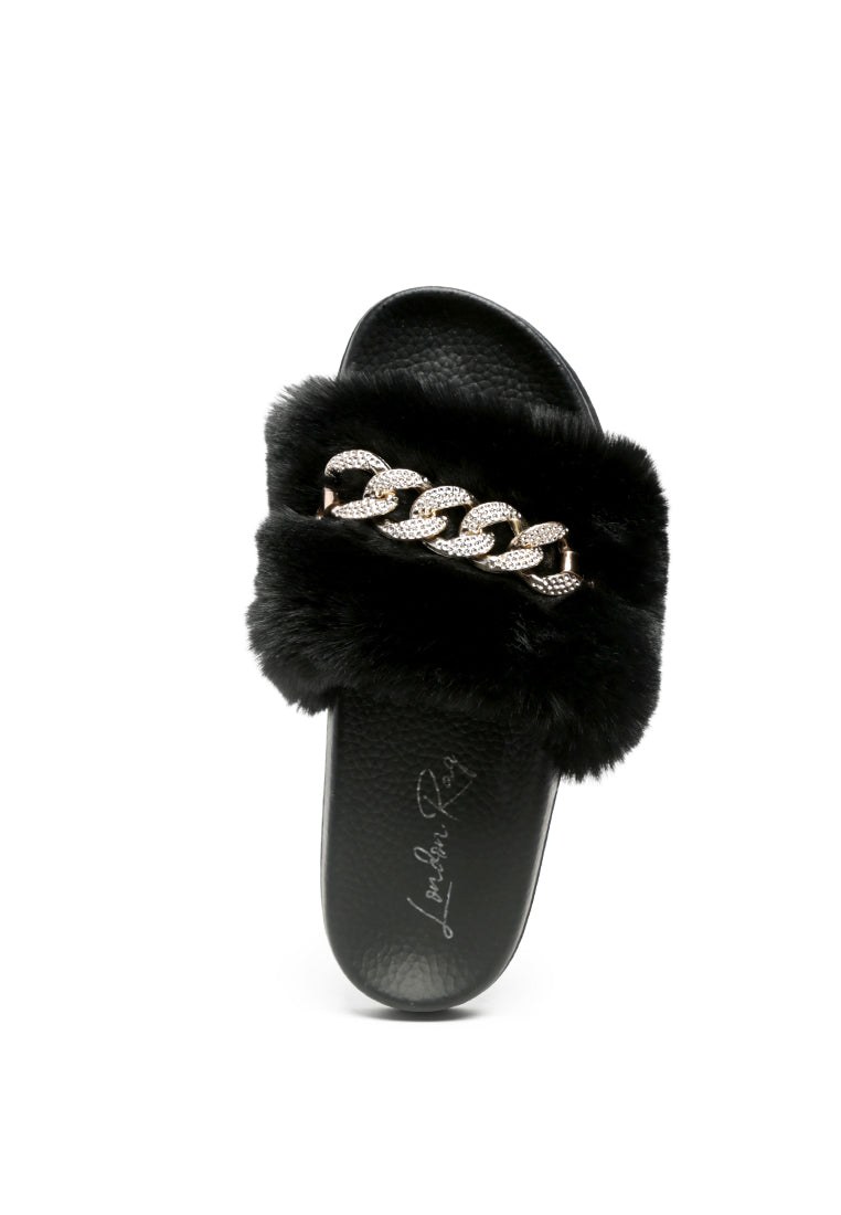 Chums Metal Chain Detail Fur Slides featuring broad fur straps and shiny metal chain detail, suitable for indoor and outdoor wear.