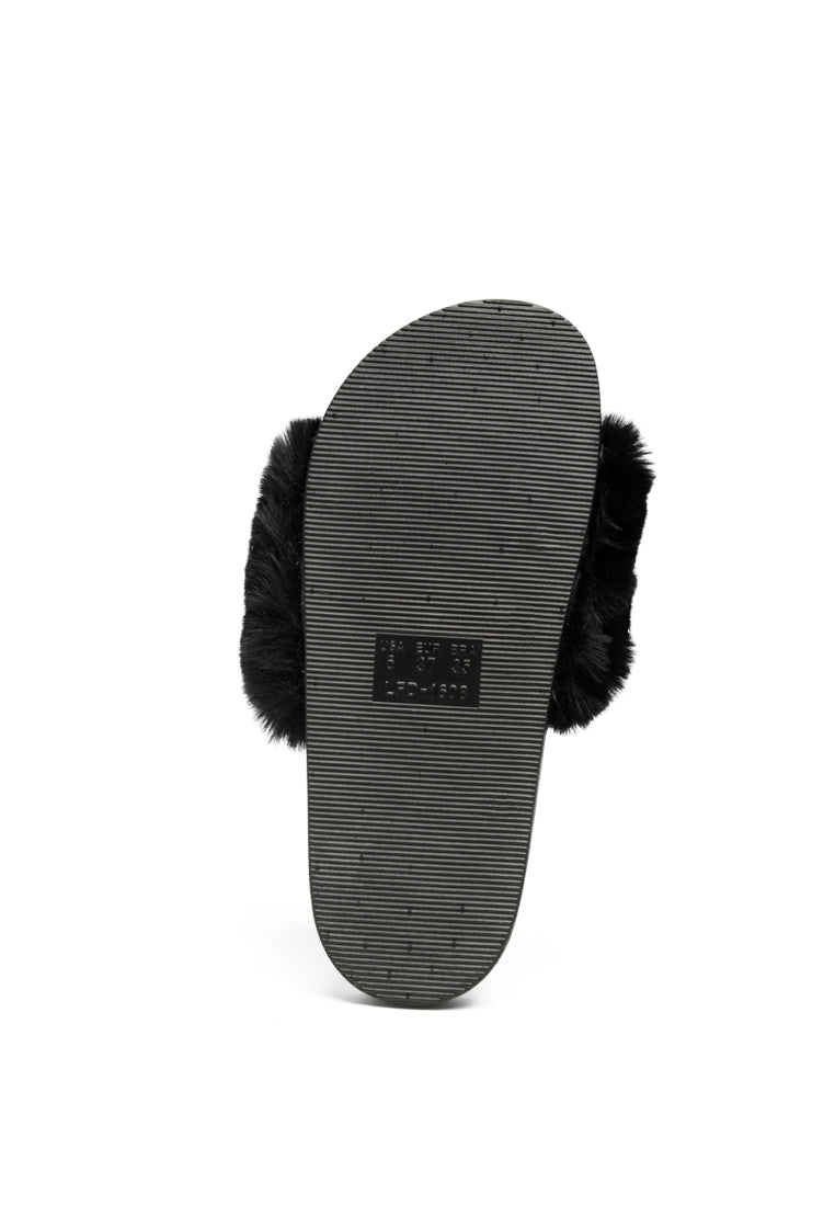 Chums Metal Chain Detail Fur Slides featuring broad fur straps and shiny metal chain detail, suitable for indoor and outdoor wear.