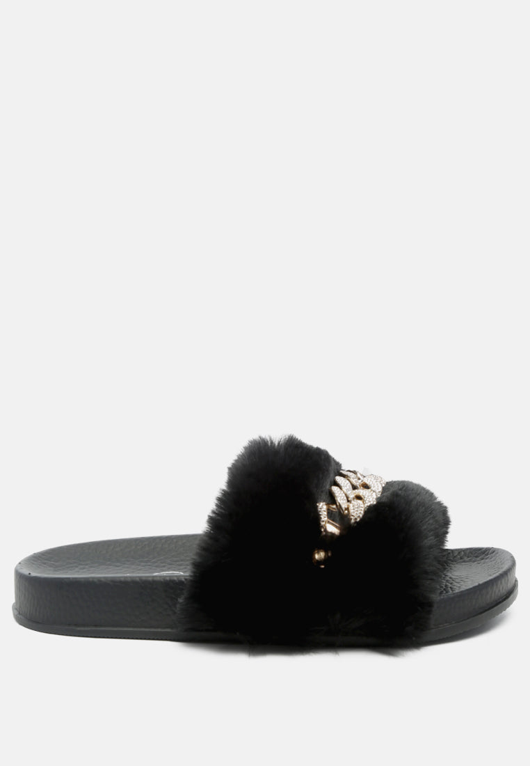 Chums Metal Chain Detail Fur Slides featuring broad fur straps and shiny metal chain detail, suitable for indoor and outdoor wear.
