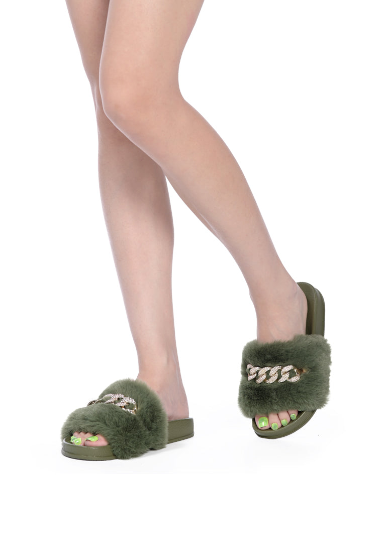Chums Metal Chain Detail Fur Slides featuring broad fur straps and shiny metal chain detail, suitable for indoor and outdoor wear.