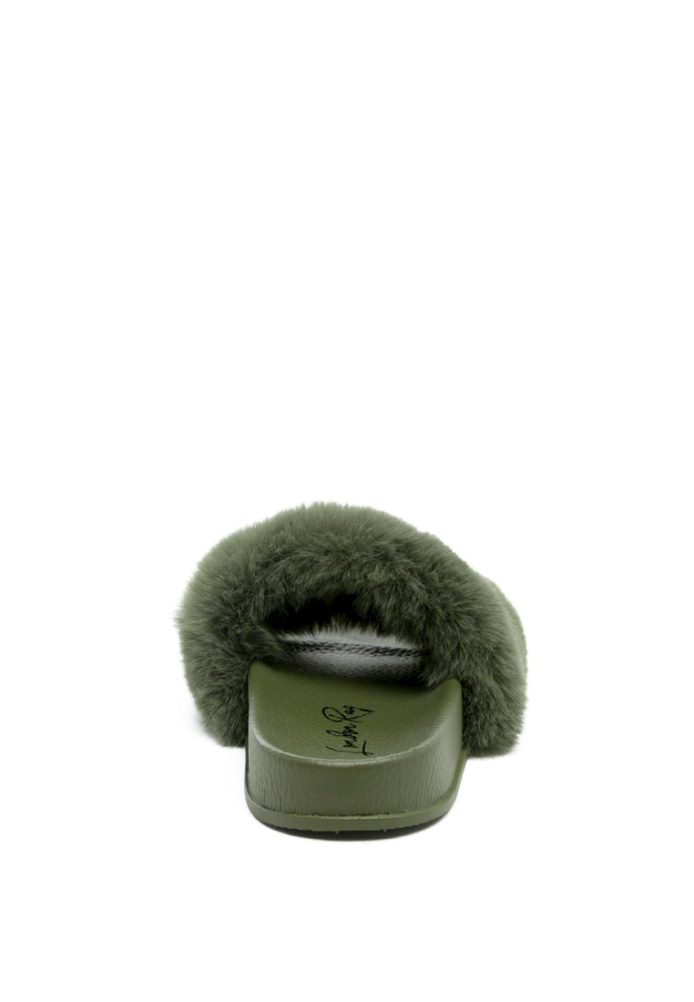 Chums Metal Chain Detail Fur Slides featuring broad fur straps and shiny metal chain detail, suitable for indoor and outdoor wear.