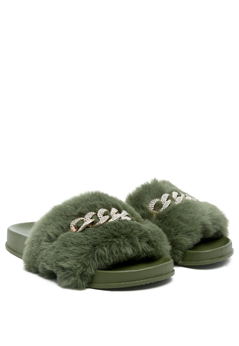 Chums Metal Chain Detail Fur Slides featuring broad fur straps and shiny metal chain detail, suitable for indoor and outdoor wear.