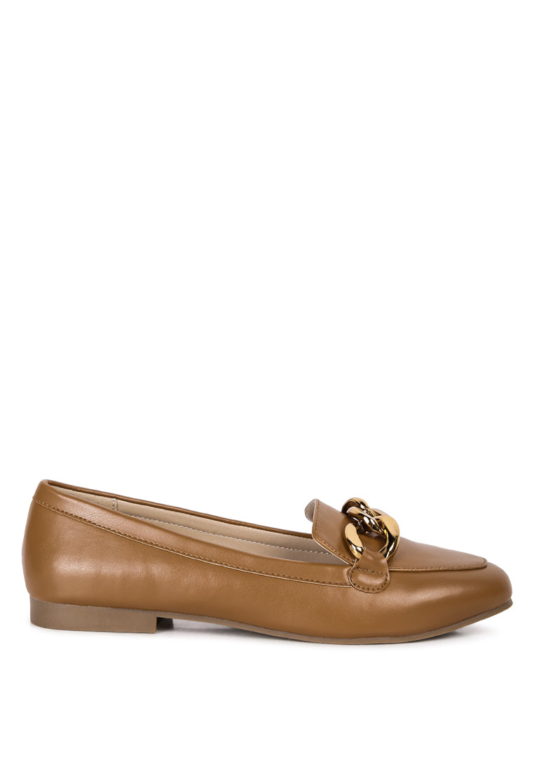 A pair of stylish chunky metal chain faux leather loafers featuring an almond toe and slip-on design, perfect for daily wear.