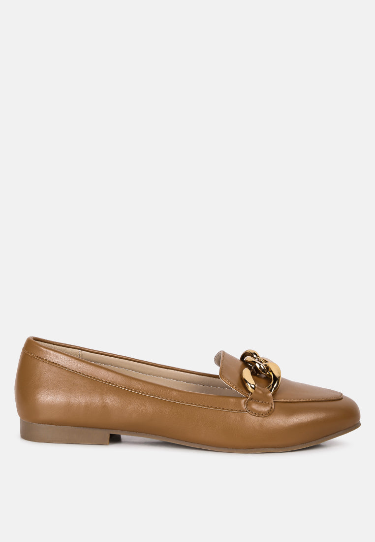 A pair of stylish chunky metal chain faux leather loafers featuring an almond toe and slip-on design, perfect for daily wear.