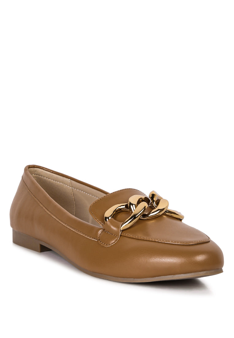 A pair of stylish chunky metal chain faux leather loafers featuring an almond toe and slip-on design, perfect for daily wear.