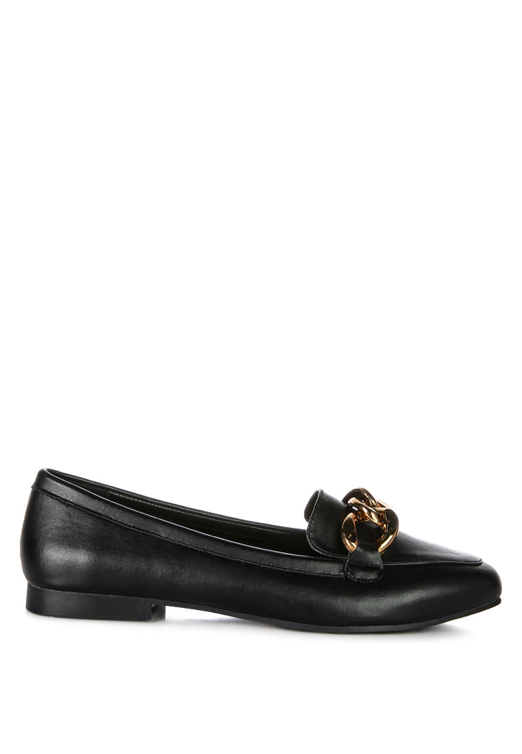 A pair of stylish chunky metal chain faux leather loafers featuring an almond toe and slip-on design, perfect for daily wear.