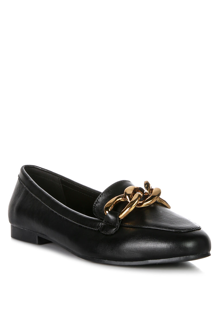 A pair of stylish chunky metal chain faux leather loafers featuring an almond toe and slip-on design, perfect for daily wear.