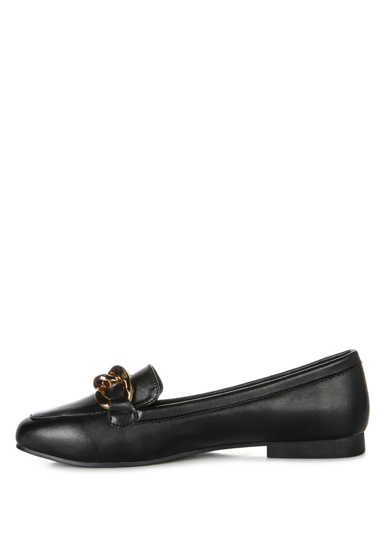 A pair of stylish chunky metal chain faux leather loafers featuring an almond toe and slip-on design, perfect for daily wear.