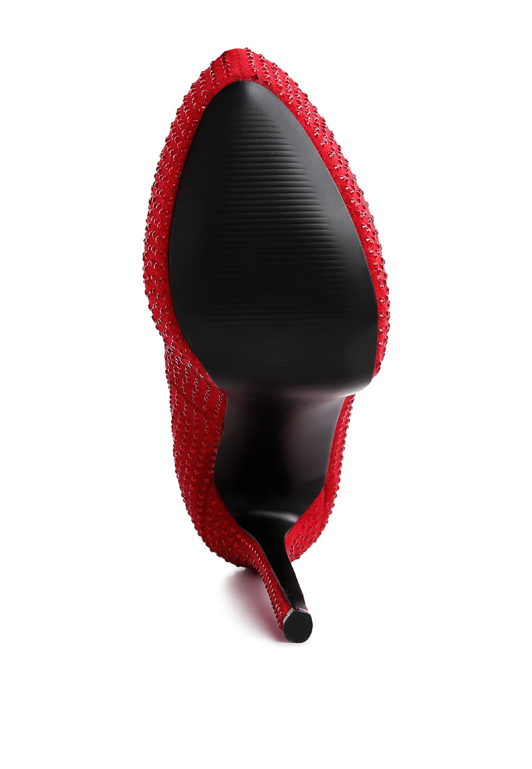 Clarisse Diamante Faux Suede High Heeled Pumps featuring a chic stiletto heel and stunning diamante detailing on a microfiber surface.