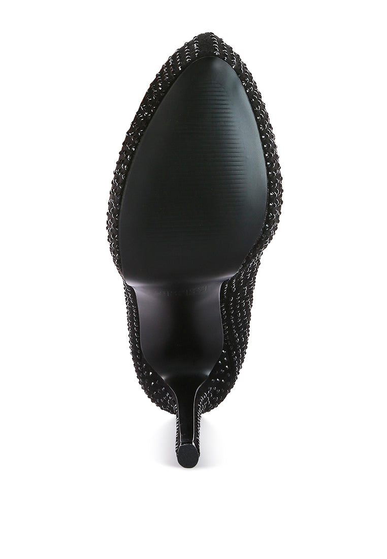 Clarisse Diamante Faux Suede High Heeled Pumps featuring a chic stiletto heel and stunning diamante detailing on a microfiber surface.